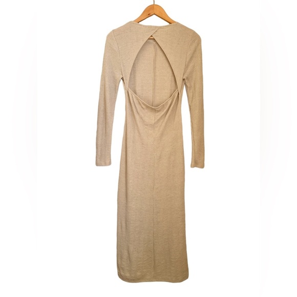 Topshop Women’s 8 Beige Knit Open Back Midi Dress Long Sleeve Bodycon Stretch - Picture 6 of 12